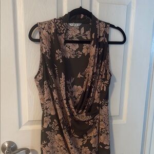 CAbi Pink and Green Asymmetrical Sheath Dress Sleeveless Cowl Neck